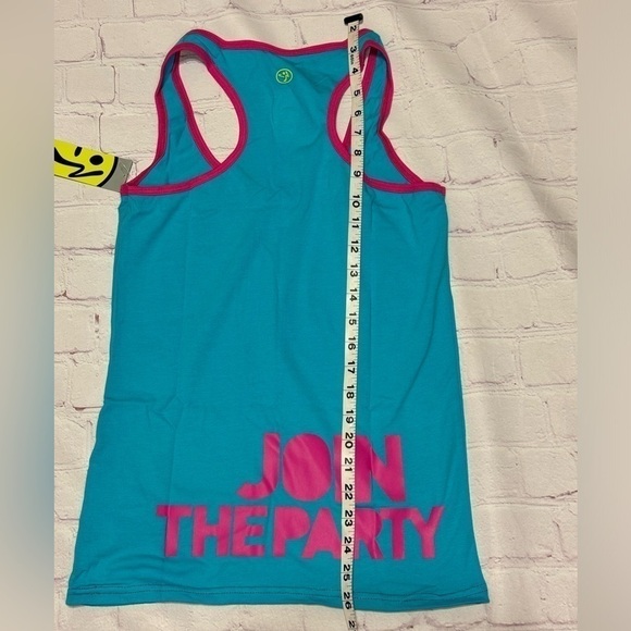 ZUMBA FITNESS sporty stretchy black tank top Blue “Join the Party” Large NWT - Picture 6 of 8